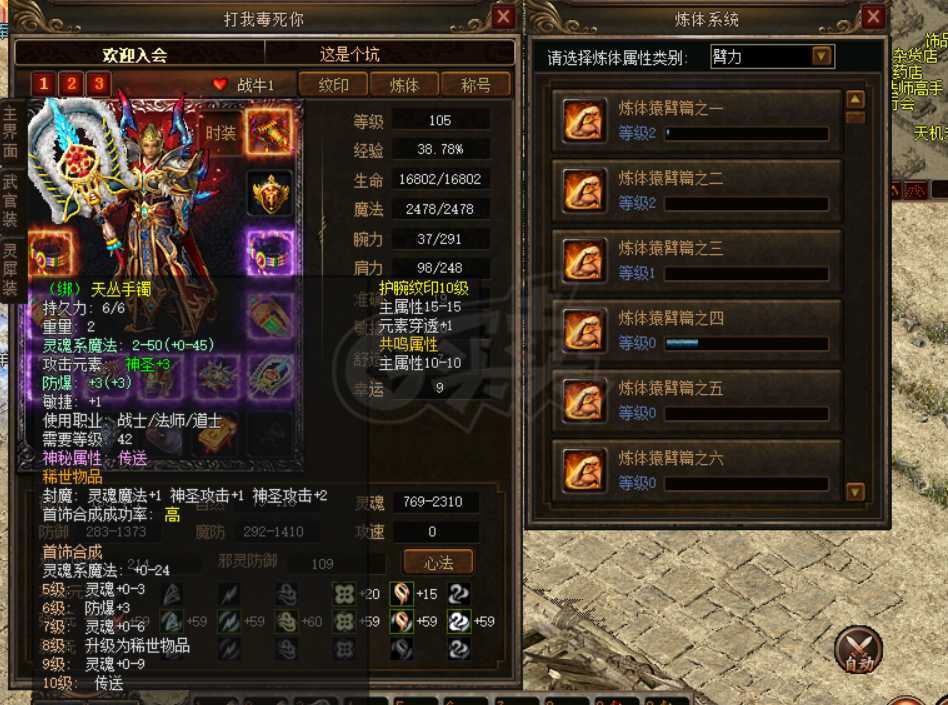 传奇3-账号-[道士 105级]全套完美装备，八祥瑞传送