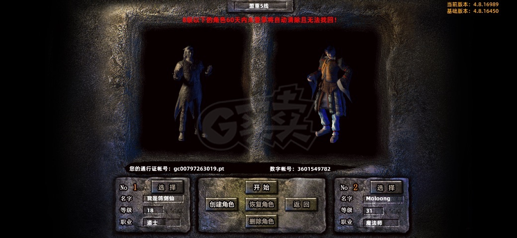 传奇新百区-盟重神兵-账号-[法师 31级]无金令，有两币一书页一白爆裂