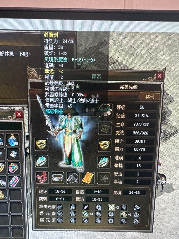 传奇3(时长版)-账号-[道士 55级]诺玛区男55.3级 男道士 5级青云，各种极品装备。所见即所得。有黑马。