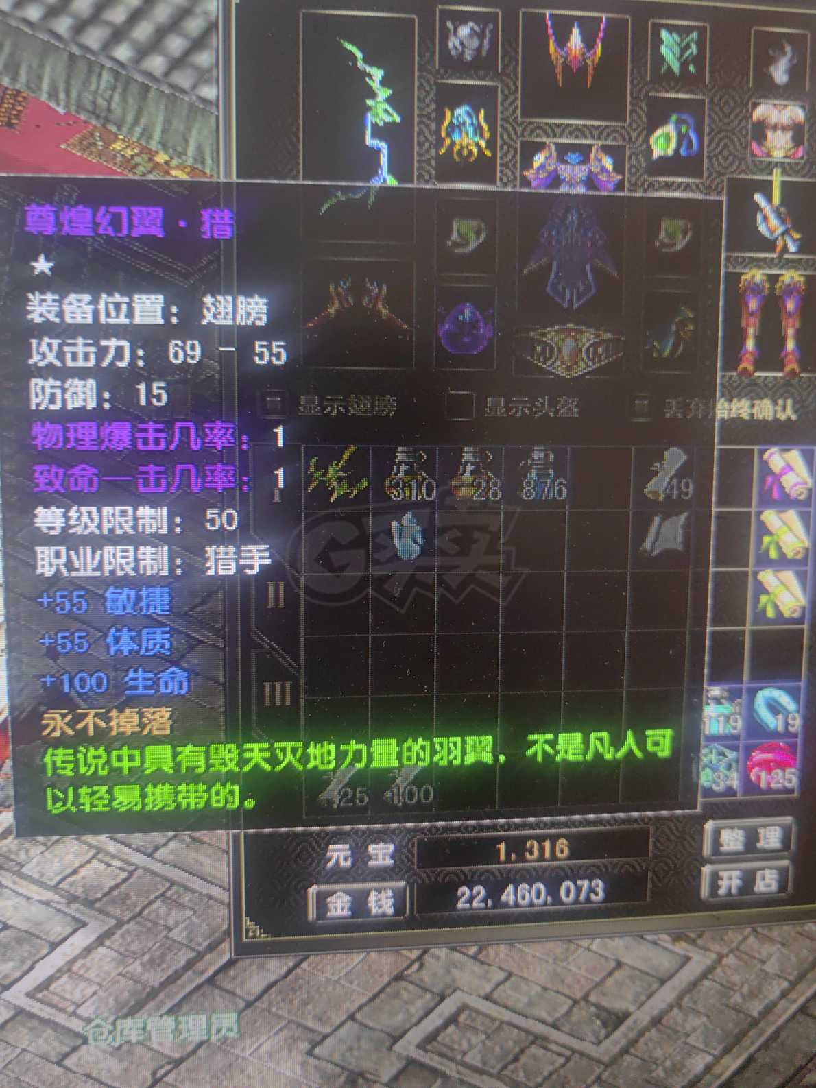 风云怀旧服-账号-[猎手 炼气期*1阶]头手脚70神装，剩下的60混沌饕餮装，50级黄翅膀，仓库还，