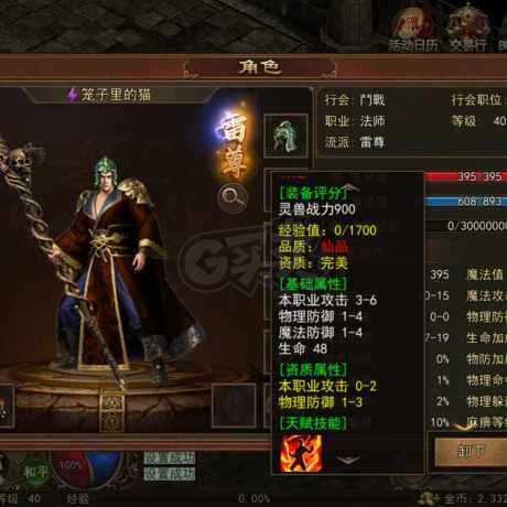 传奇世界无双-账号-[雷尊 40级]技能学的多，完美豹子，全身强3