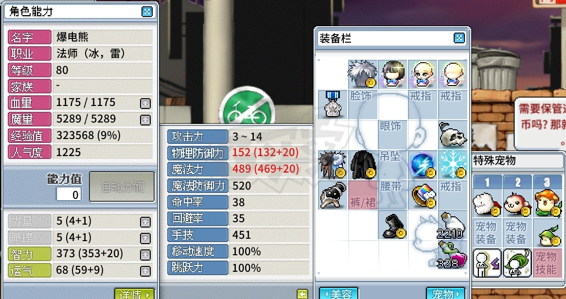 冒险岛怀旧服-账号-[冰雷法师 80级]名字好听 超人气勋章 有会员 有时装 魔灵 智力披风 还有很多药