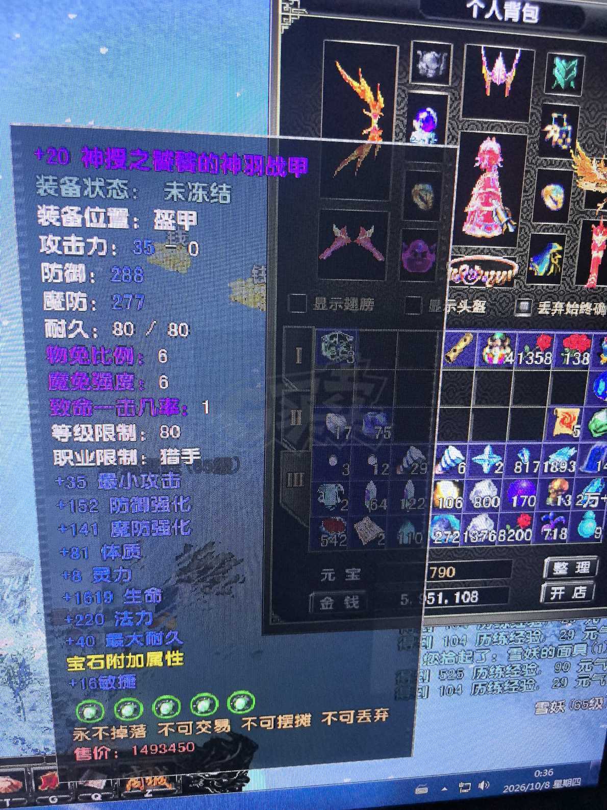 风云怀旧服-账号-[猎手 炼气期*3阶]80神武神衣5孔套MM号